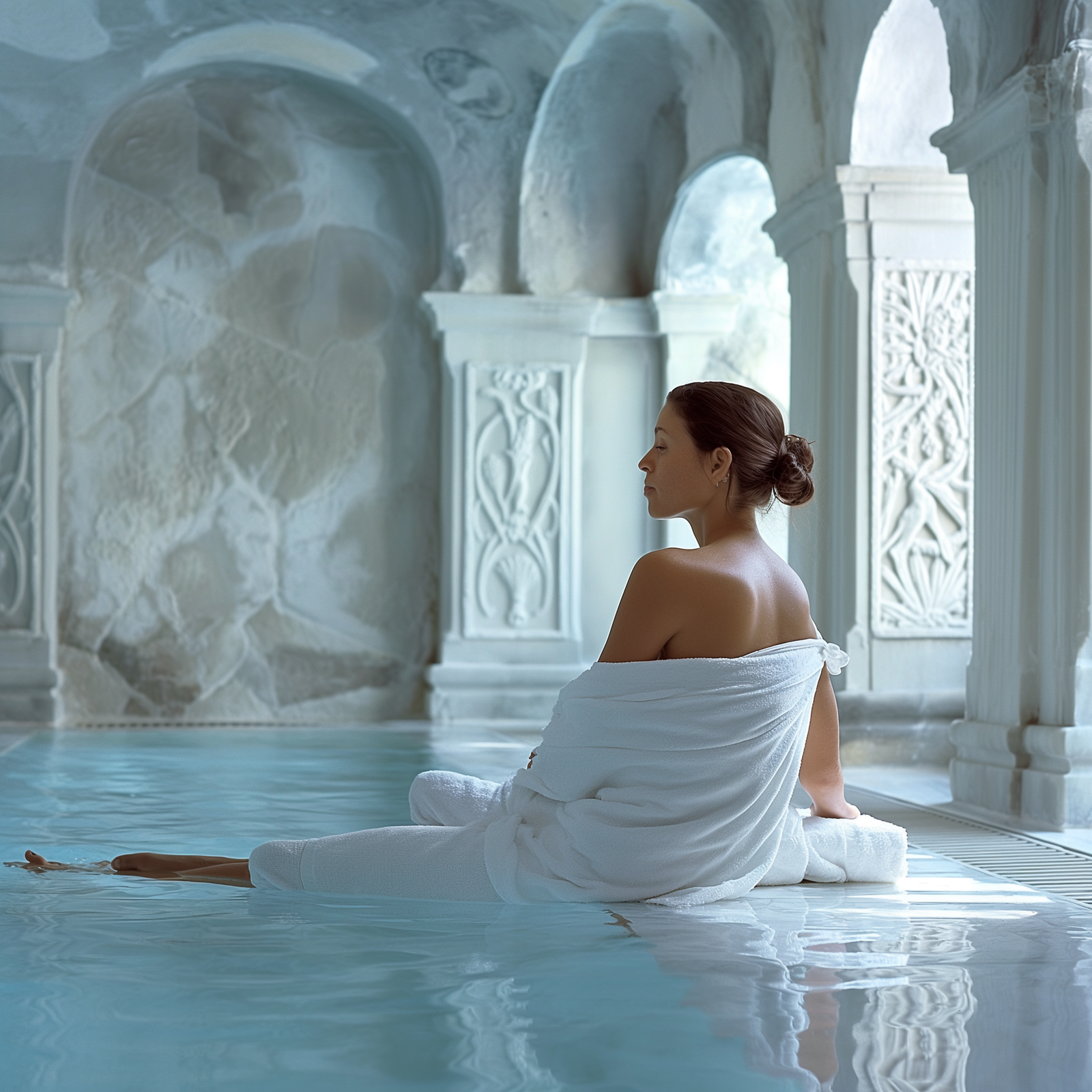 Frau entspannt in historischem Wellnessbad – Symbol für Ruhe, Eleganz und alpinen Duftgenuss